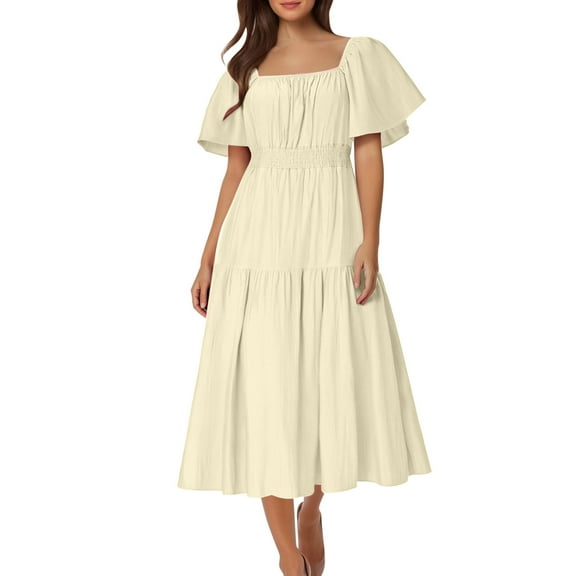 BSDJILFG Plus Size Dresses for Women Boho Maxi Dress Square Neck Puff Sleeve Tiered Bodycon A-Line Flowy Sundresses for Wedding Guest