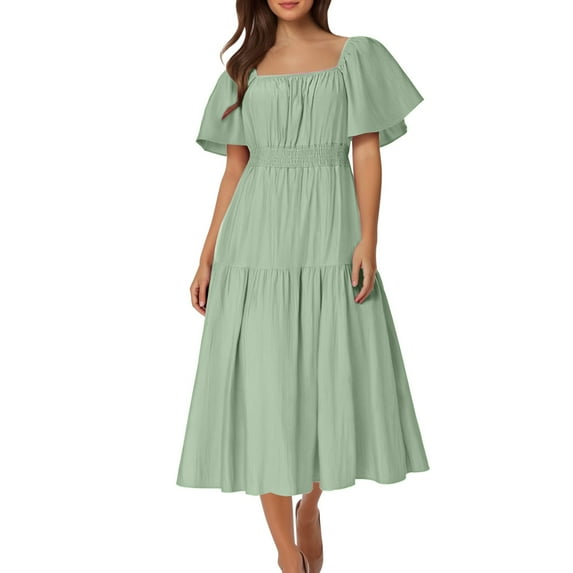 BSDJILFG Plus Size Dresses for Women Boho Maxi Dress Square Neck Puff Sleeve Tiered Bodycon A-Line Flowy Sundresses for Wedding Guest