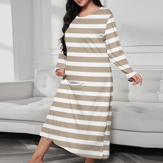 BSDJILFG Plus Size Nightgowns for Women Long Sleeve Vintage Striped Nightshirts Loose Fit Breathable Sleepwear