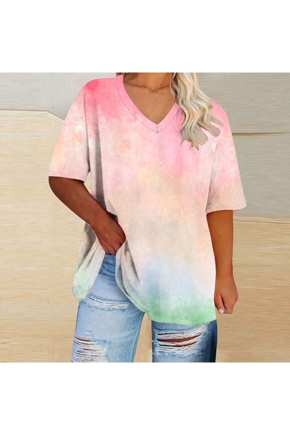 Plus Size Pajamas Casual V-Neck Basic Tees Plus Size Lounge Tops Gradient Color Half Sleeve Loose Tunic Tops ,XL-5XL