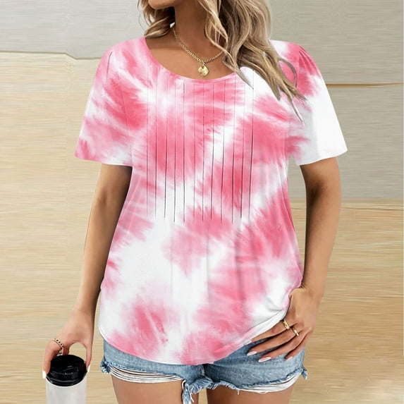 BSDJILFG Plus Size Shirts for Women Summer Casual Gradient Color T-Shirt Short Sleeve Pleated Pullover Tunic Tops S-5XL