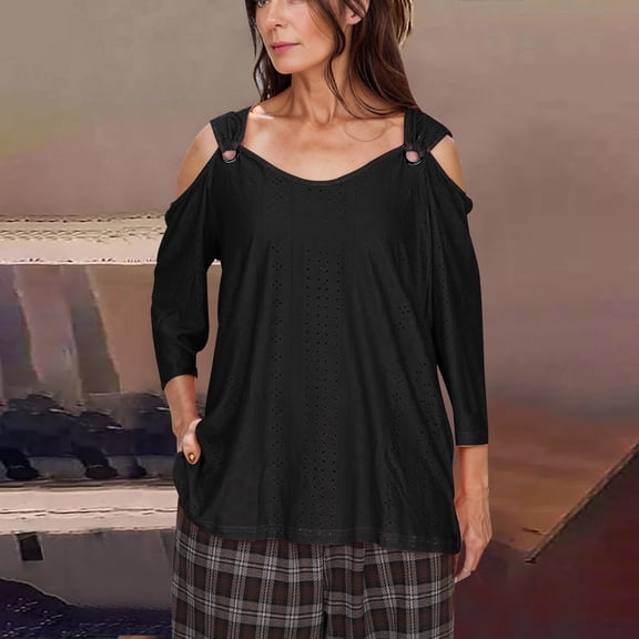 BSDJILFG Plus Size Shirts for Women Summer Eyelet Tops Cold Shoulder Tunic Palace Lock Loose Short Sleeve Solid Color Flowy Blouse ,S-5XL