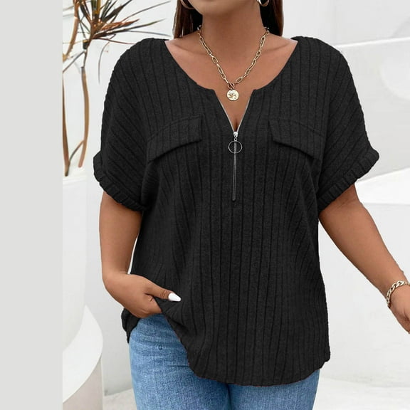 BSDJILFG Plus Size Shirts for Women Summer Ribbed Tunic Rolled Short Drop Sleeve Zip V-Neck Ruffle Hem Pullover Workwear Blouse ,XL-5XL