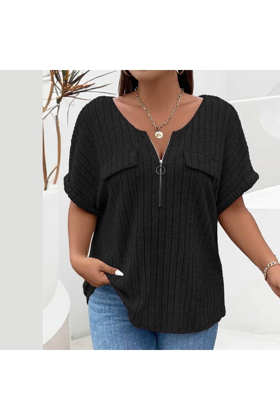 Plus Size Shirts for Women Summer Ribbed Tunic Rolled Short Drop Sleeve Zip V-Neck Ruffle Hem Pullover Workwear Blouse ,XL-5XL