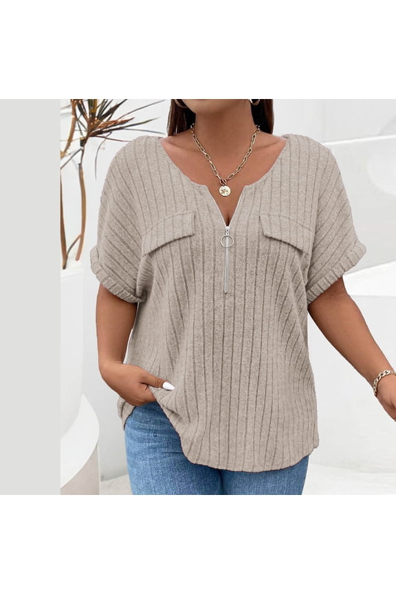 Plus Size Shirts for Women Summer Ribbed Tunic Rolled Short Drop Sleeve Zip V-Neck Ruffle Hem Pullover Workwear Blouse ,XL-5XL
