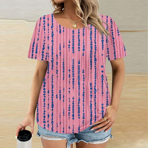 BSDJILFG Plus Size Summer Tops S-5XL,Oversized Graphic T-Shirt for Women,Summer Casual Short Sleeve Pleated Crew Neck Pullover Tunic Tops ,S-5XL