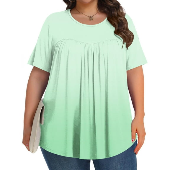 BSDJILFG Plus Size Summer Tops for Women Gradient Color Pleated Oversized T-Shirt Loose Crew Neck Flowy Pullover Lounge Sleep Shirts ,L-5XL