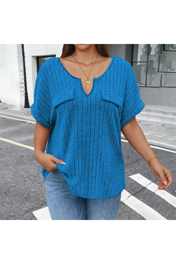 Plus Size Summer Tops for Women Soft Ribbed Knit Tee Oversized Loose Fit V-Neck Pullover Shirts with Pockets