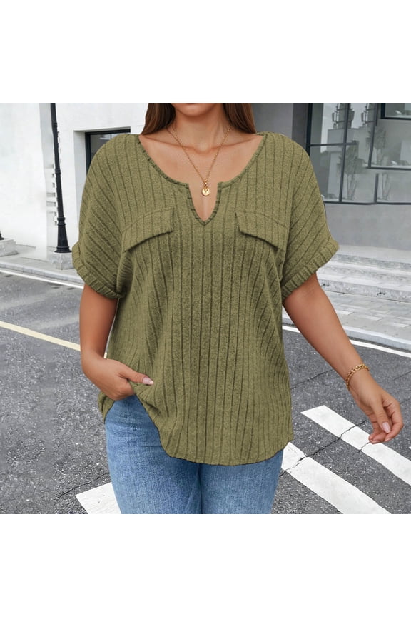 Plus Size Summer Tops for Women Soft Ribbed Knit Tee Oversized Loose Fit V-Neck Pullover Shirts with Pockets