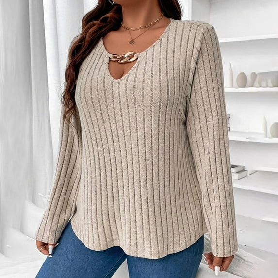 BSDJILFG Plus Size Sweaters for Women Fall Dressy Casual Solid Color Criss Cross V Neck Pleated Tees Long Sleeve Metal Buckle Decorati,XL-5XL