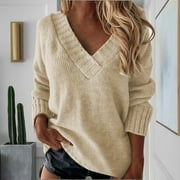 BSDJILFG Plus Size Sweaters for Women Oversized Knit Shirt V-Neck Pullover Tunics with Long Sleeves,Midweight,Sizes S-3XL