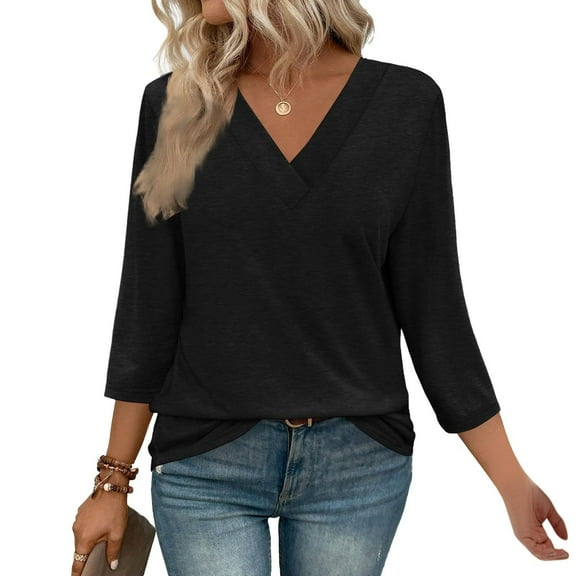 BSDJILFG Plus Size Tops for Women 3/4 Sleeve Pajama Tops Spring Summer Tees V Neck Casual Tunic Tops Basic Shirts Loose Fit Blouse