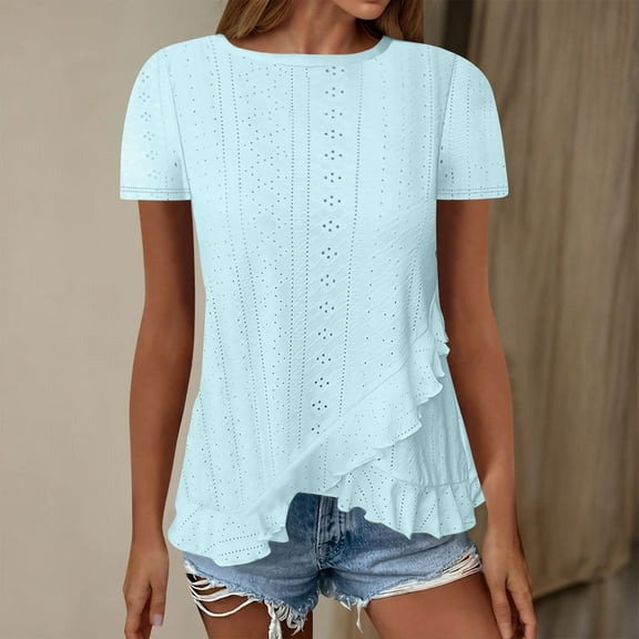 BSDJILFG Plus Size Tops for Women Summer Dressy Casual Eyelet Shirts Curved Ruffle Hem Tunic Soft Comfy Crewneck Pullover Blouse,S-3XL