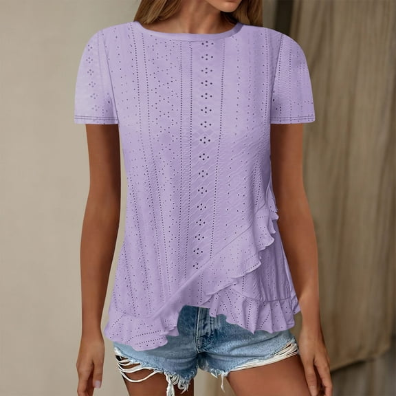 BSDJILFG Plus Size Tops for Women Summer Dressy Casual Eyelet Shirts Curved Ruffle Hem Tunic Soft Comfy Crewneck Pullover Blouse,S-3XL