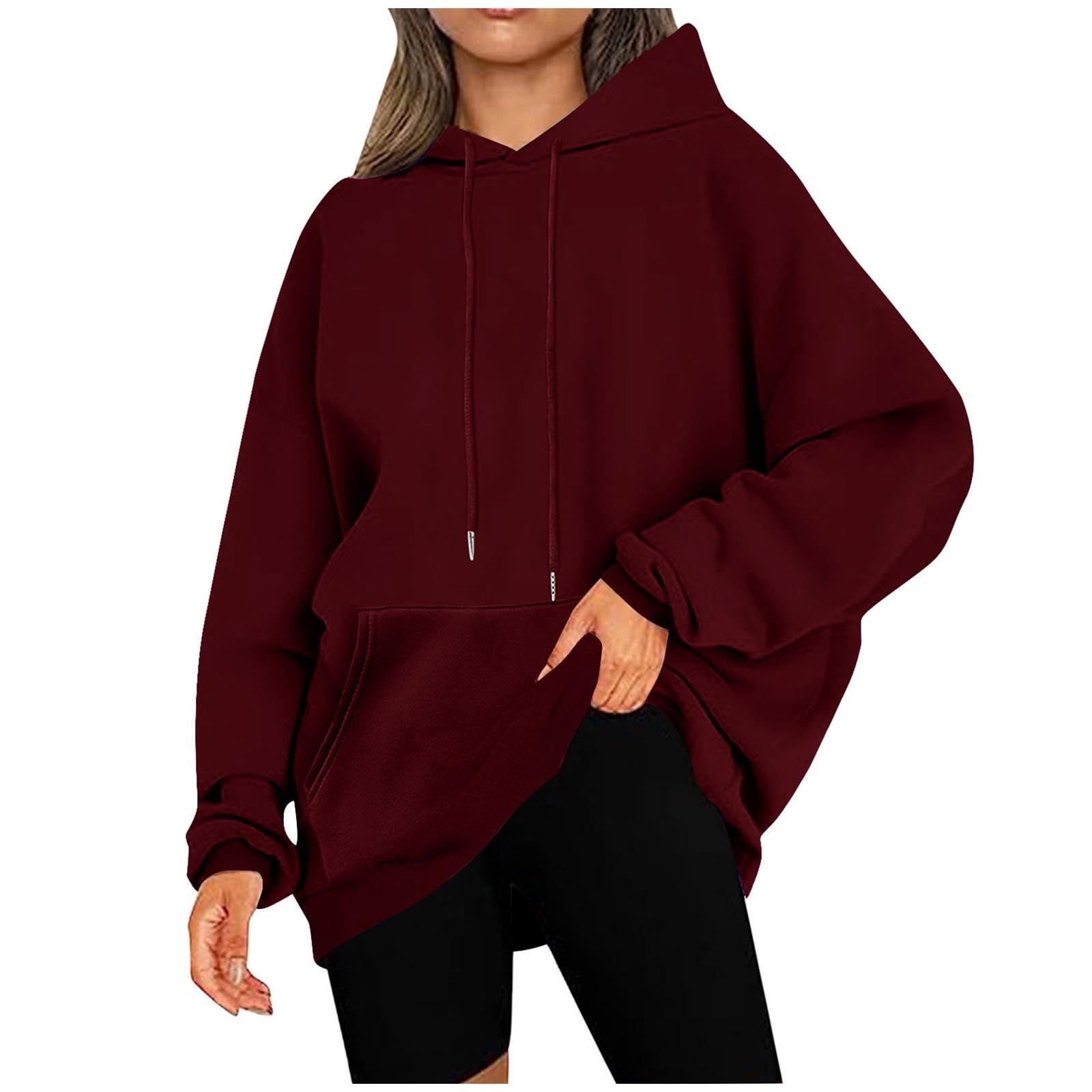 Plus Size Women Winter Casual Pure Color Fleece-lined Hoodie