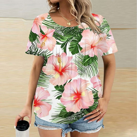BSDJILFG Plus Size Womens Tops Summer Graphic T-Shirt Loose Fit Pleated Tunic Tops Short Sleeve Crew Neck Pullover Lounge Tops Sizes S-5XL
