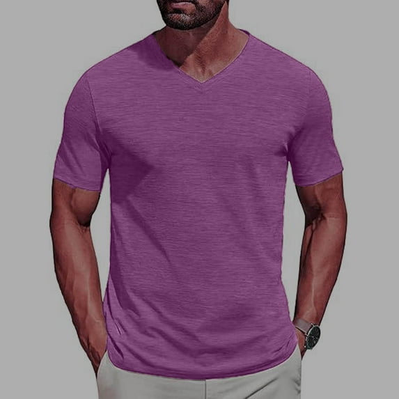 BSDJILFG Purple T-Shirts for Men Casual Cotton Blend Breathable Slim Fit V-Neck Solid Color Short Sleeve Pullover Basic Tees Sleepwear Nightwear