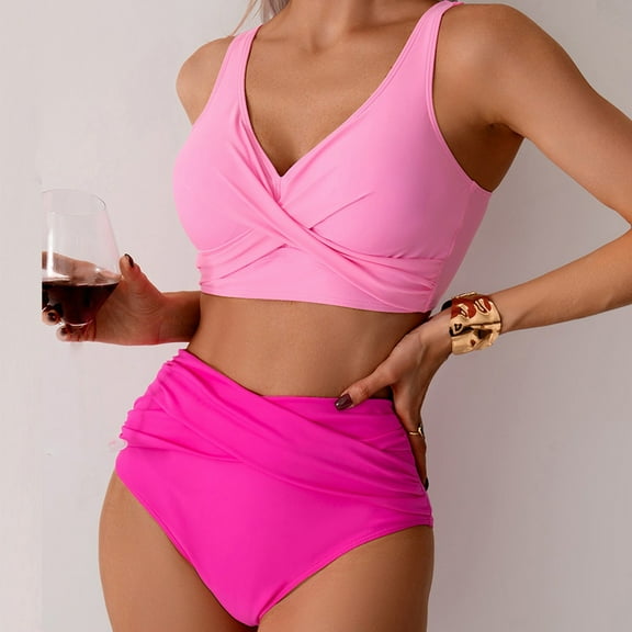 BSDJILFG Push Up Bikinis for Women Pink Bikini Set Cross Front Seamless Bralette High Supportive Padded High Waist Underwear Bottom