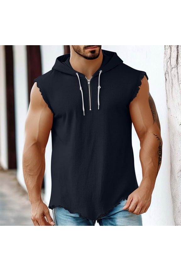 Quarter Zip Tank Tops for Men Summer Linen Hoodie Lightweight Breathable Distressed Ripped Hem Gym Workout Shirts