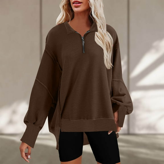 BSDJILFG Quarter Zip Up Sweatshirts for Women Fall Trendy V-Neck Loose Fit Dressy Tunic Pullover Sweatshirt No Hood