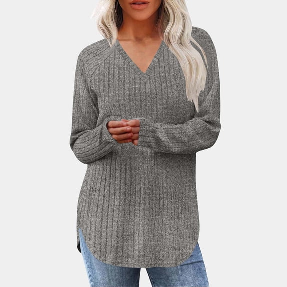 BSDJILFG Raglan V-Neck Sweatshirts for Women Textured Ribbed Knit Top Long Sleeve Soft Cozy Tunic Blouse