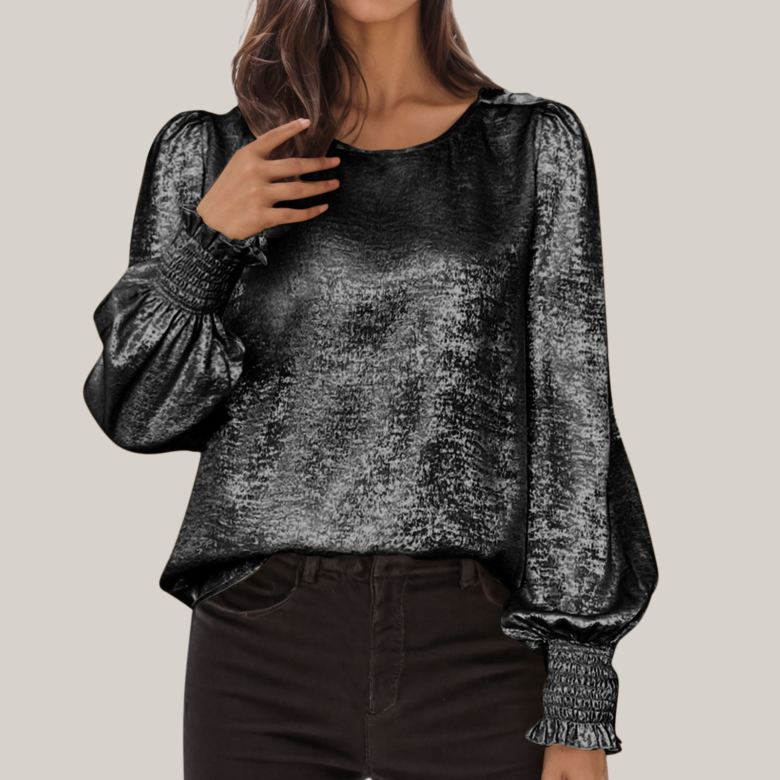Retro Silky Black Cuffed Blouse Pocket PLUS