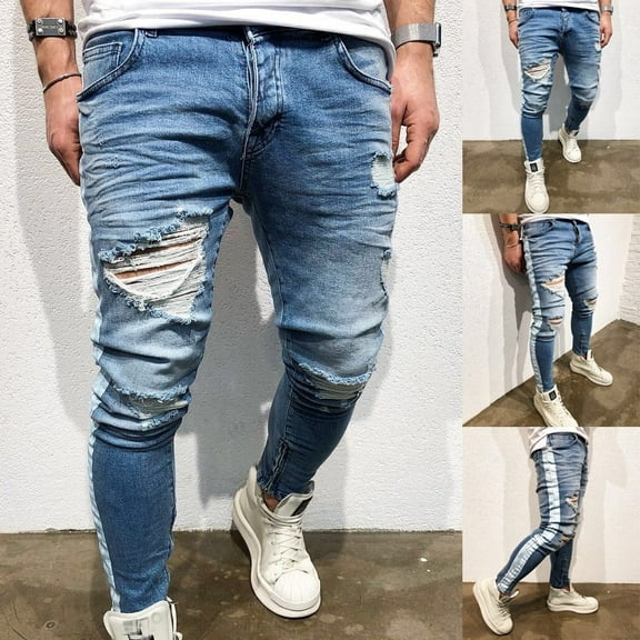 BSDJILFG Ripped Skinny Jeans for Men Distressed Slim Elastic Big and Tall Biker Carpenter Trouser S-3XL
