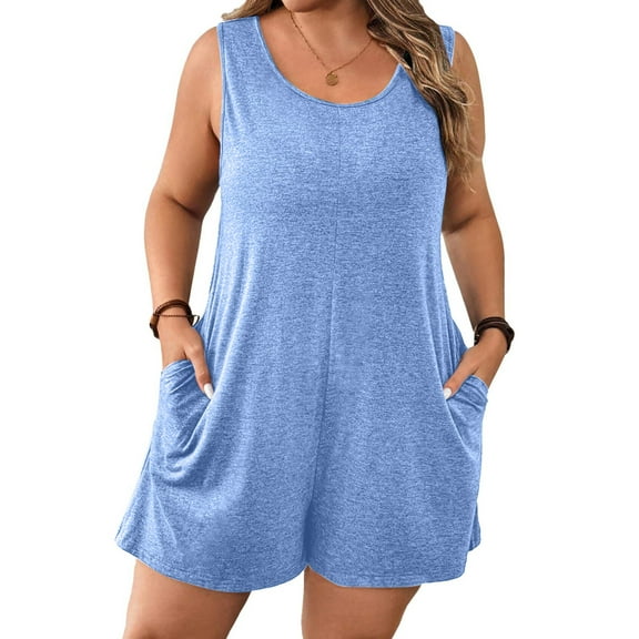 BSDJILFG Rompers for Women Plus Size Casual Pajama Lounge Sets Crew Neck Pull On Loose Short Overalls Summer Outfits Sleepwear with Pockets,XL-5XL