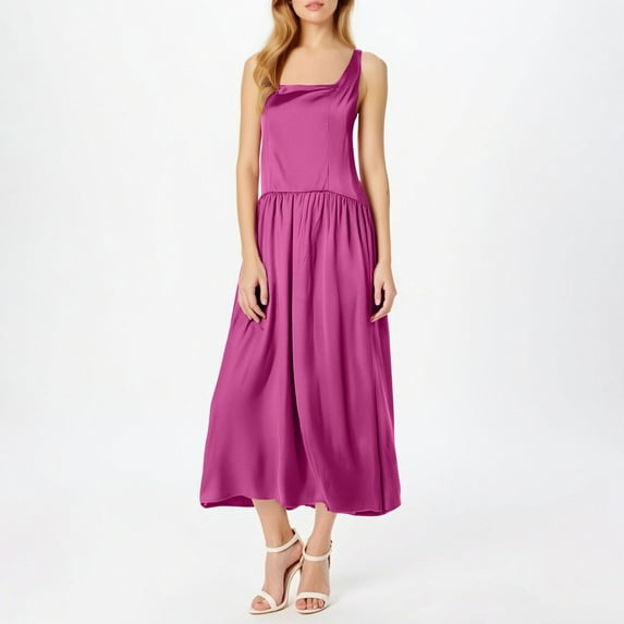 BSDJILFG Satin Dresses for Women Elegant Square Neck Wedding Guest Summer Dress 2025 Silky Midi Slip Dresses