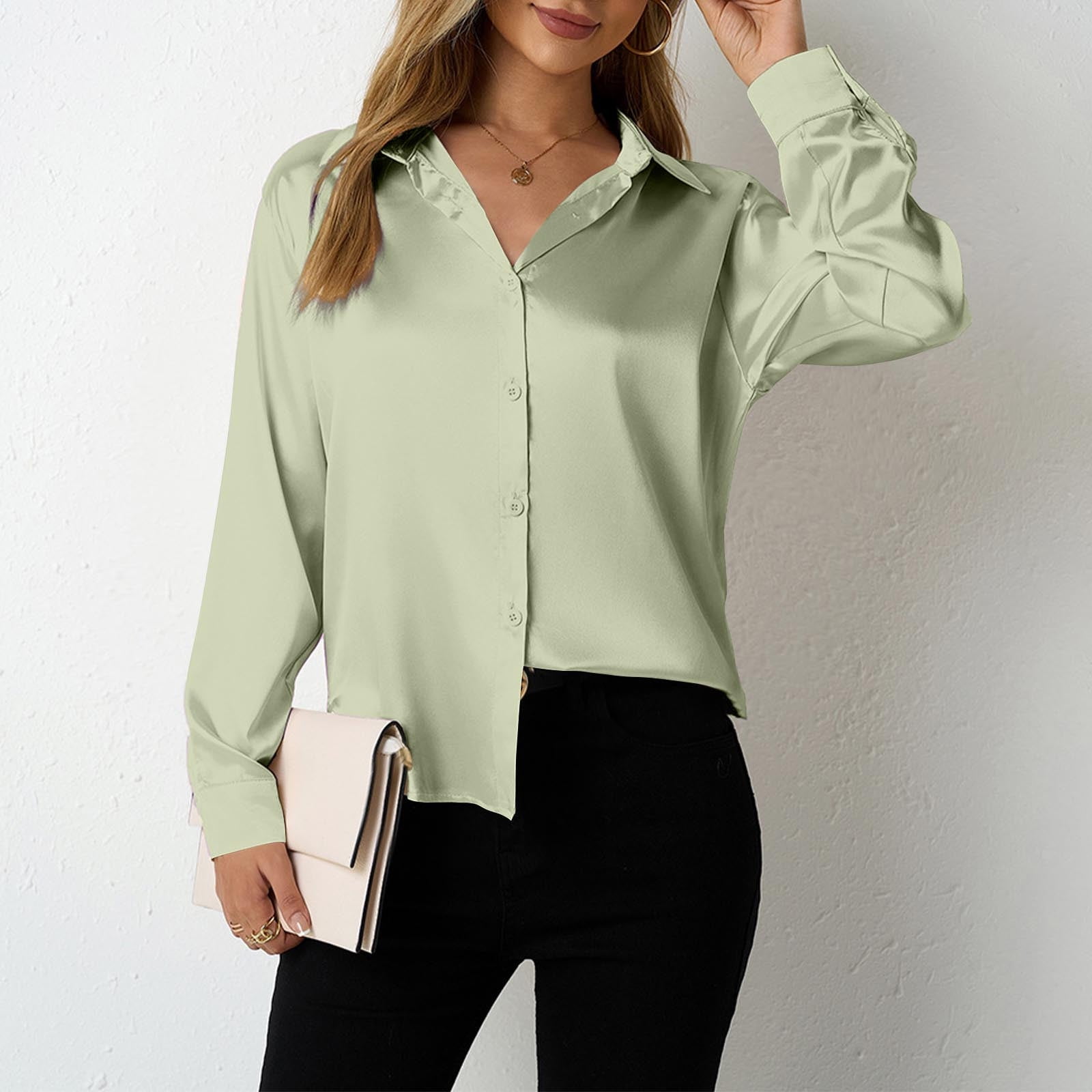 BSDJILFG Satin Tops for Women Button Down Dress Shirt Long Sleeve ...