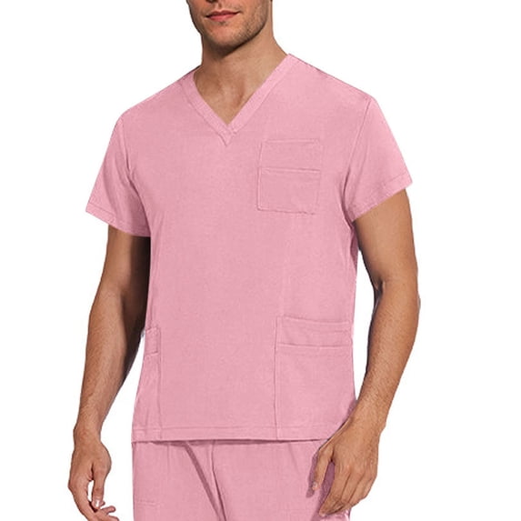 BSDJILFG Scrub Tops for Men Casual V-Neck Short Sleeve Lightweight Nurse Uniform Work Tops with Pockets