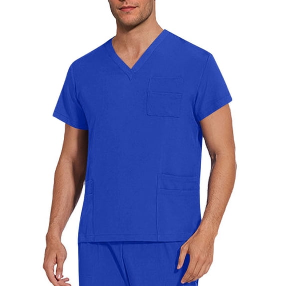BSDJILFG Scrub Tops for Men Casual V-Neck Short Sleeve Lightweight Nurse Uniform Work Tops with Pockets