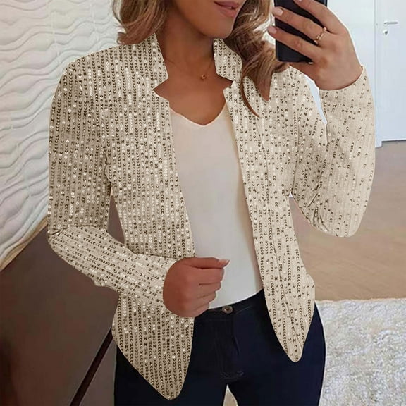 BSDJILFG Sequin Blazers for Women Long Sleeve Glitter Jacket Slim Fit Cropped Cardigans for Nightclub Performance