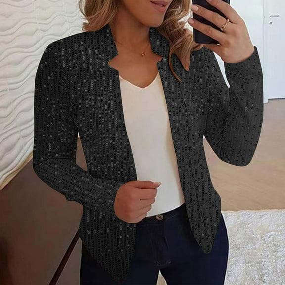 BSDJILFG Sequin Blazers for Women Long Sleeve Glitter Jacket Slim Fit Cropped Cardigans for Nightclub Performance