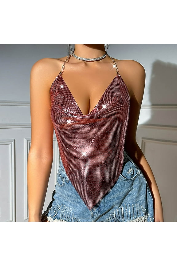 Sequin Crop Tops for Women Tank Top Halter Neck Tube Backless Bodycon Camisole with Metal Chain Decoration Nightclub Playsuit