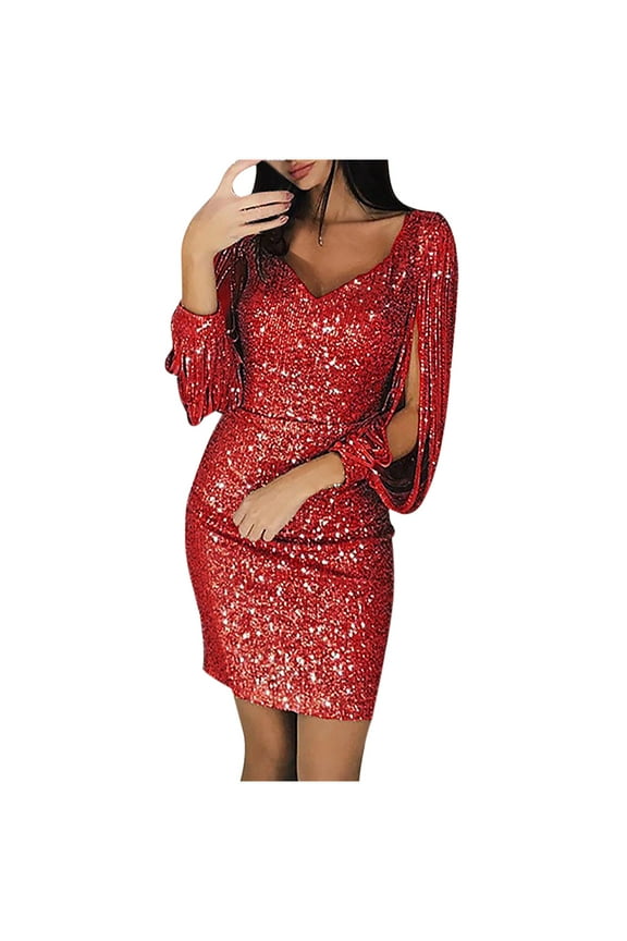 Sequin Dress for Women Plus Size Long Sleeve Sparkly Bodycon Dress Night Club Prom Mini Cocktail Dress Rollbacks,S-5XL