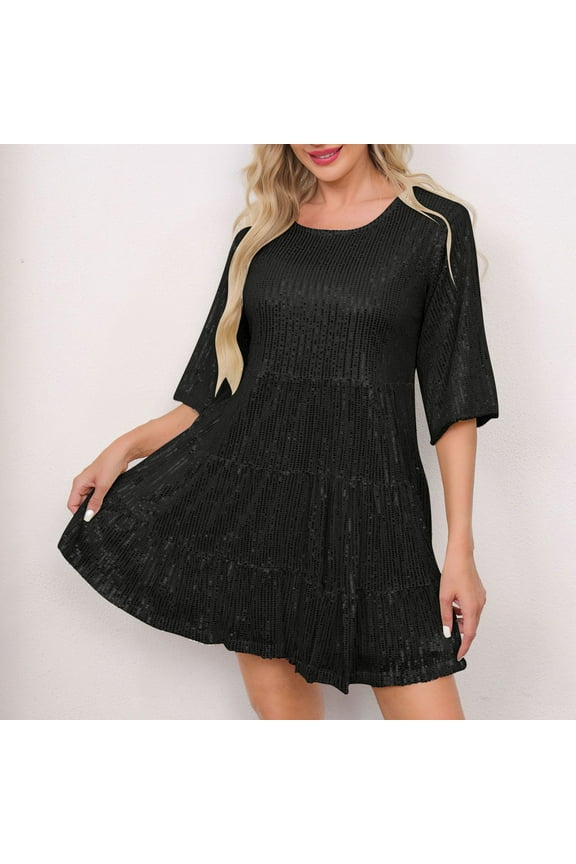 Sequin Dresses for Women Half Sleeve Mini Dress Loose Fit Wedding Guest Beaded Dress Crew Neck Shinny Bodycon Dresses
