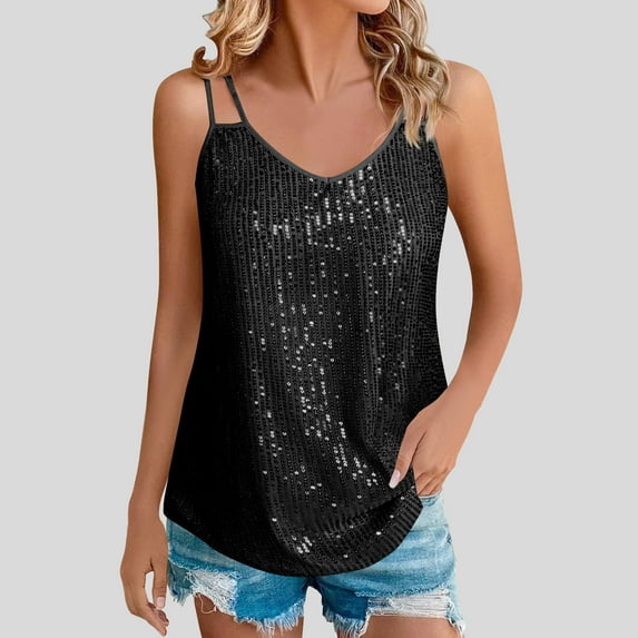BSDJILFG Sequin Tank Tops for Women Casual Sleeveless Camisoles Spaghetti Straps Slim Fit Work Blouse ,S-2XL