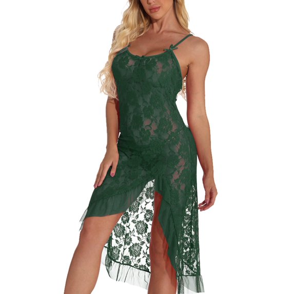 BSDJILFG Sexy Lingerie for Women Plus Size Crochet Mesh Sling Dresses See Through Floral Embroidered Lace Bow High Split Midi Sleepshirts Nightwear Sleepwear Pajamas Nightwear S-6XL