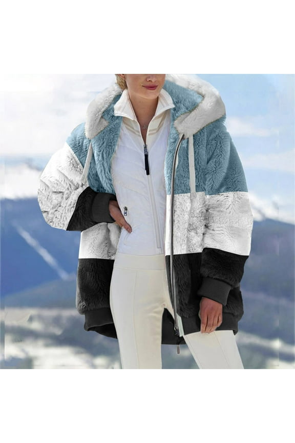 Sherpa Jackets for Women 2025 Winter Warm Thick Fuzzy Fleece Hooded Coat Color Block Cozy Outwear with Pockets