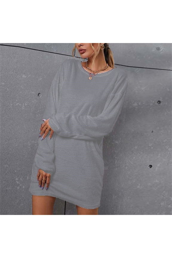 Short Sweater Dress for Women,Long Sleeve Mini Dress Bodycon Crew Neck Sweatshirts Sherpa Fleece Plush Casual Solid Color Loose Fit Sweatshirt Mini Dresses ,S-3XL