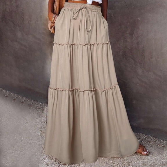 BSDJILFG 50% ,Skirts for Women Summer Fashion Elastic Waist Tiered Layered Flowy Pleated Maxi Skirts with Pockets Beach Lounge Skirts S-XXL