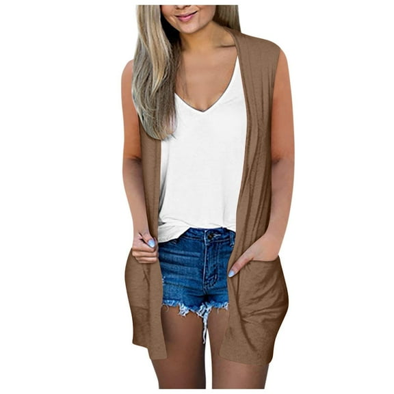 BSDJILFG Sleeveless Duster Cardigans for Women Summer Lightweight Long Vest Loose Fit Quick Drying Beach Cover-Ups with Pocket