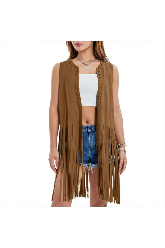 Sleeveless Fall Cardigans for Women with Fringe Vest,Plus Size Western Cowgirl Vest Slim Fit Open Front Tassel Jacket Vest ,Sizes S-3XL