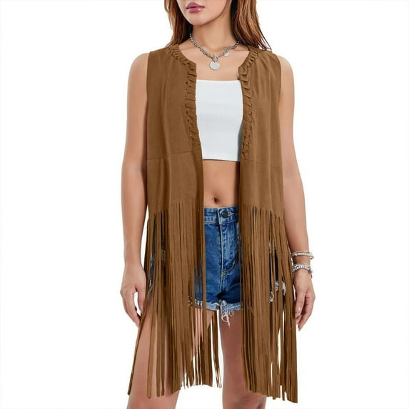 BSDJILFG Sleeveless Fall Cardigans for Women with Fringe Vest,Plus Size Western Cowgirl Vest Slim Fit Open Front Tassel Jacket Vest ,Sizes S-3XL