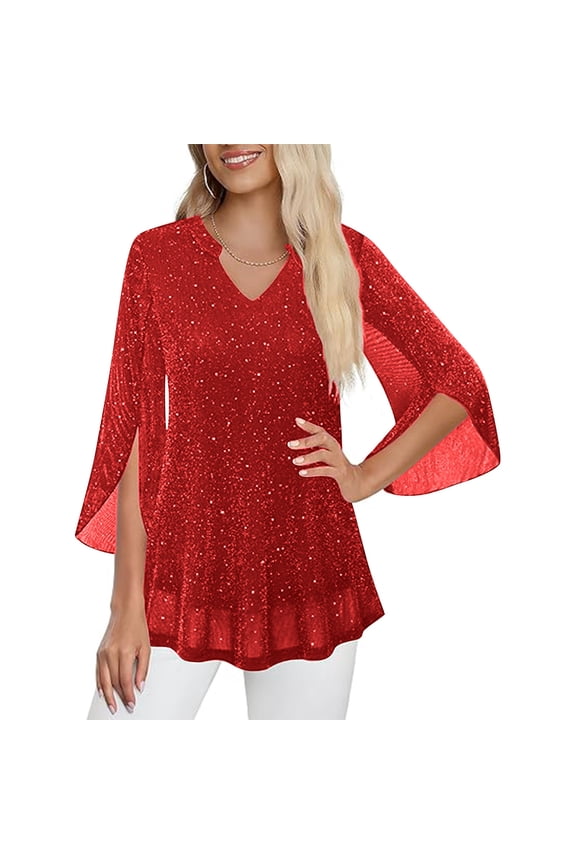 Summer Blouses for Women 3/4 Length Split Flutter Sleeves Lightweight Casual Dressy V-Neck Shirts Ruffle Flowy Tunic Tops 2026