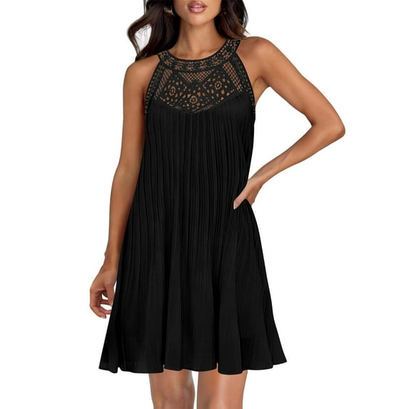 BSDJILFG Summer Boho Dress for Women Elegant Halter Neck Lace Embroidered Dress Sleeveless Mini Flowy Dress