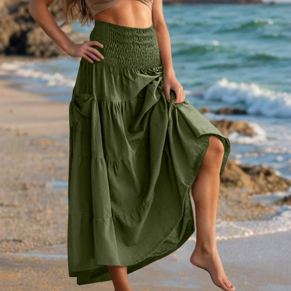 BSDJILFG Summer Boho Skirts for Women Trendy Ruched Waist Palazzo Skirt Loose Fit Ruffle Pleated Tiered Layered Swing Flowy Beach Holiday Skirts