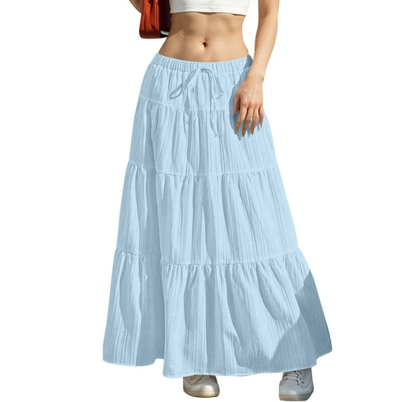 BSDJILFG Summer Boho Skirts for Women High Waisted Ruffled Pleated Swing Flowy Tiered Peasant Skirts
