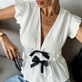 thumbnail image 1 of BSDJILFG Summer Cardigans for Juniors Cute Babydoll Top Bow Tie Front White Shirt Cap Sleeve V-Neck Pullover Boho Blouse, 1 of 8